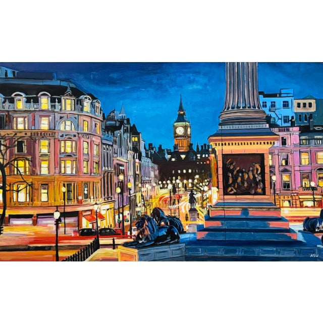 Trafalgar Square Big Ben Westminster London England by British Cityscape Artist For Sale