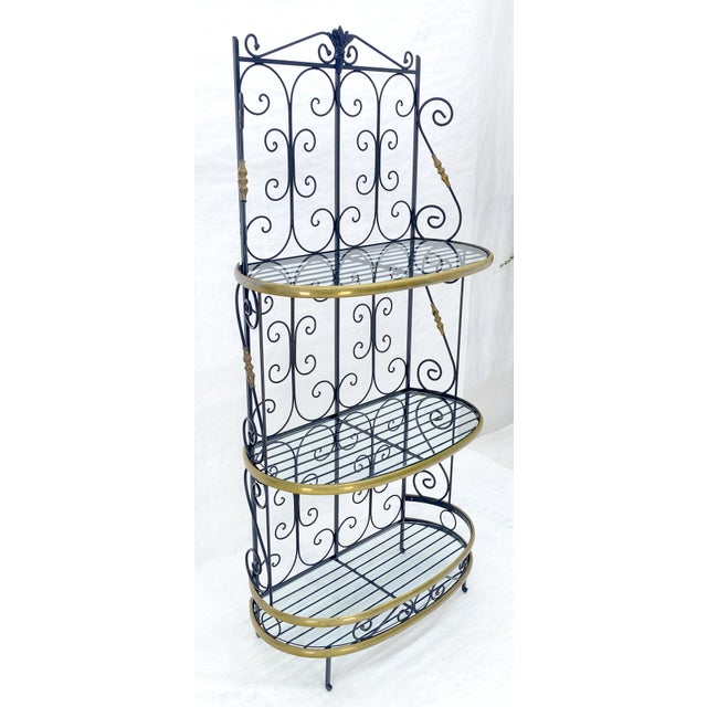 Mid 20th Century Wrought Iron & Brass 38” Wide Rounded Shelved Bakers Rack MINT For Sale - Image 5 of 14