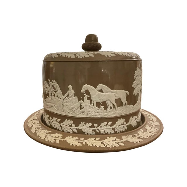 Late 19th Century Brown Wedgwood Jasperware Cheese Dome with White Applied Oak Leaf Design Around Top of Lid and Plate....