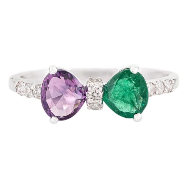 Geometric Emerald Amethyst & Diamond Two Stone Bow Ring Size 5 in 14k Gold For Sale