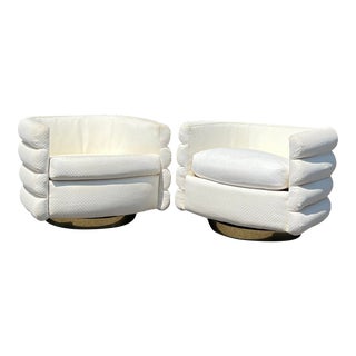 Milo Baughman for Thayer Coggin Post-Modern Channeled Barrel Swivel Club Chairs in Ivory Checkered Fabric - a Pair For Sale