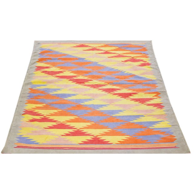 Modern 1980s Multicolor Vinatge Cotton Durrie Wool Rug With Geometric Motif For Sale - Image 3 of 7