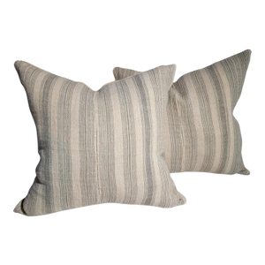 19Thc Faded Grey Ticking Pillows - Pair