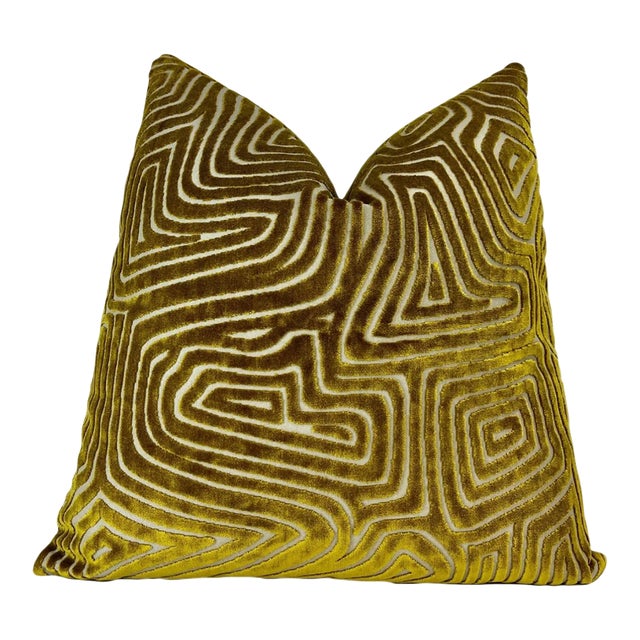Gold Maze Velvet Throw Pillow With Feather Down Insert For Sale