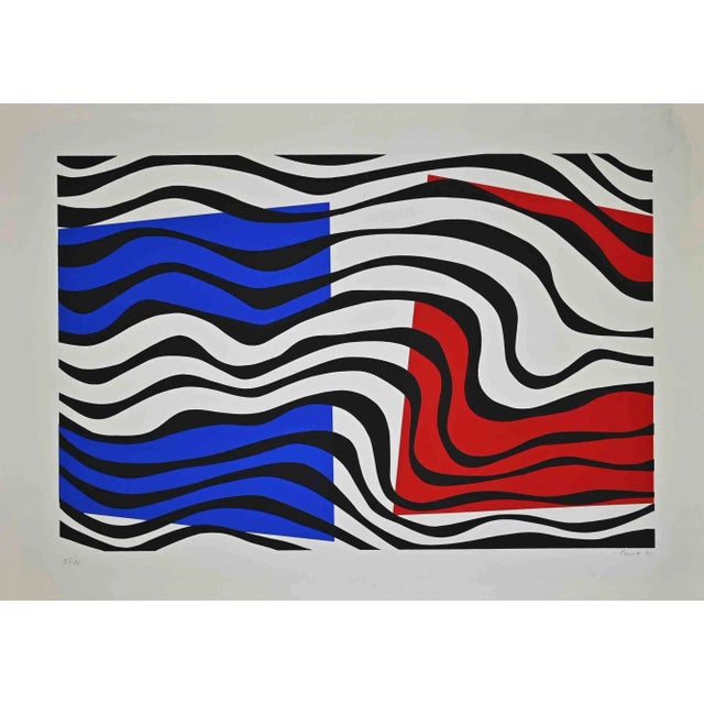 Blue and red composition is an original serigraph realized by Umberto Maria Casotti in 1971. Hand-signed and dated on the...