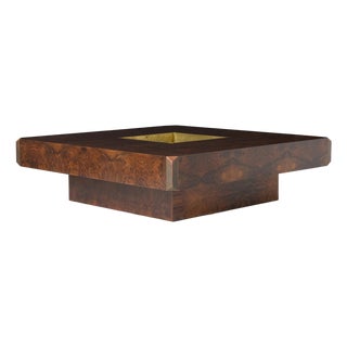 1970s Square Alveo Coffee Table in Walnut Burlwood and Brass by Willy Rizzo for Sabot Design For Sale