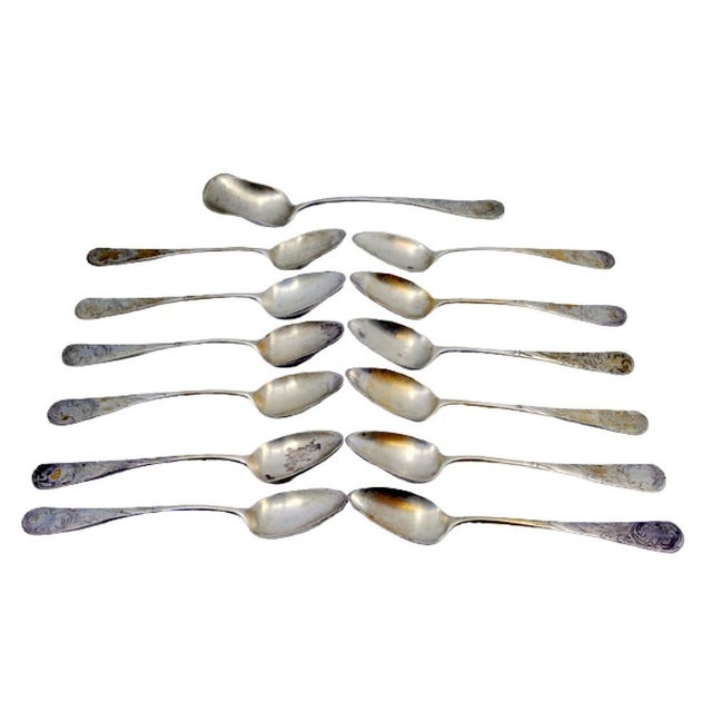 Silver Coffee Spoons and Sugar Shovel with Shell-Shaped Handle Engravings, Set of 12 For Sale - Image 4 of 4