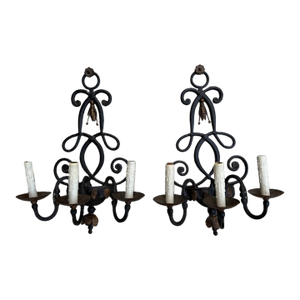 Large Wrought Iron Vintage Lighted Wall Sconces, 1950’s, a Pair