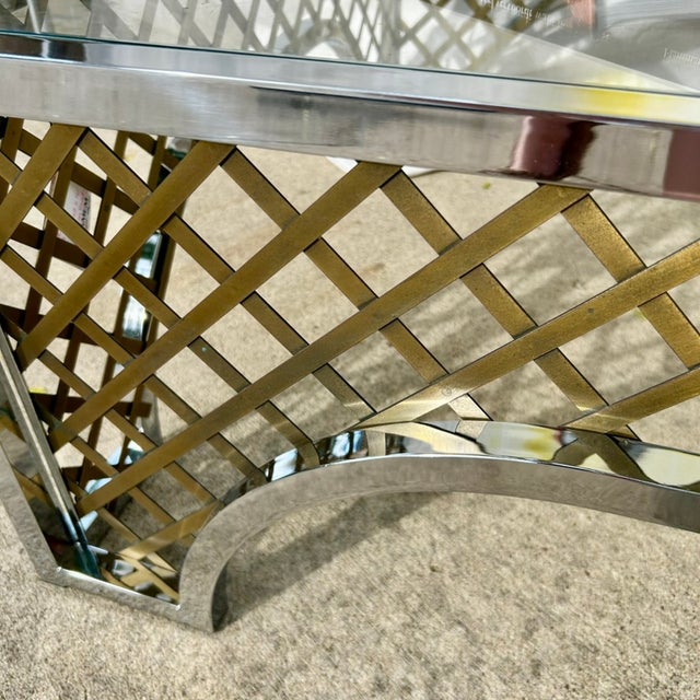 Metal 1970s Hollywood Regency Two-Tone Chrome & Brass "Cloister" Square Cocktail Table Attributed to Mastercraft For Sale - Image 7 of 9
