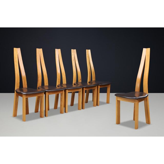 Sculptural Elm and Black Leather Dining Chairs, France, 1970s, Set of 6 For Sale - Image 12 of 17