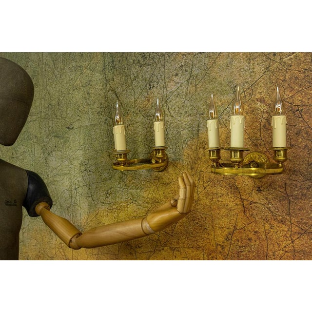 Empire French Brass and Bronze Three-Light Wall Sconces, 1920s, Set of 2 For Sale - Image 13 of 18