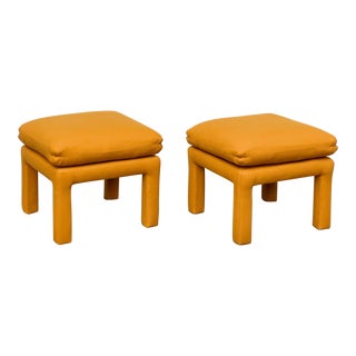 1970s Milo Baughman Style Large Parsons Mustard Wool Reupholstered Ottomans – a Pair For Sale
