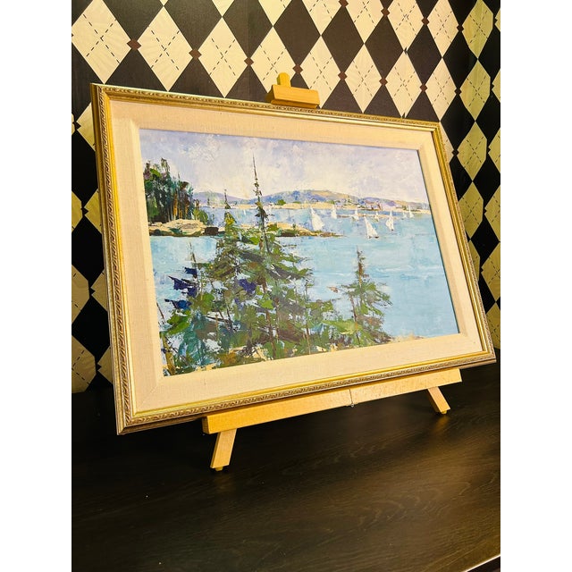 Textured coastal harbor painting signed Eileen Kelly, depicting a lively expanse of blue water dotted with white sailboats...
