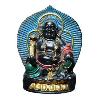 Vintage Painted Glass Maitreya Buddha With Halos, Double-Sided For Sale