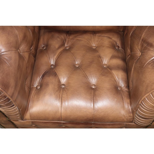 Animal Skin Pair of English Custom Chesterfield Brown Distressed Leather Tufted Club Chairs For Sale - Image 7 of 10
