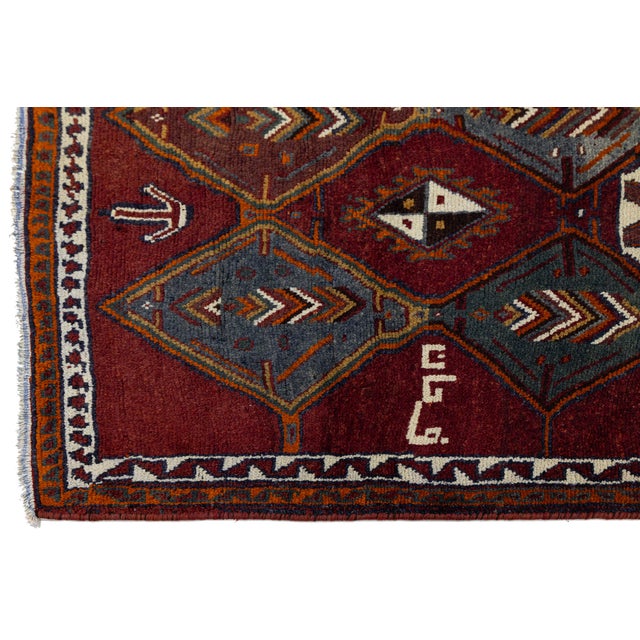 Gemstone Vintage Hand-Knotted Hamadan Long Runner Rug With Inscriptions & Tribal Geometric Diamonds For Sale - Image 7 of 9