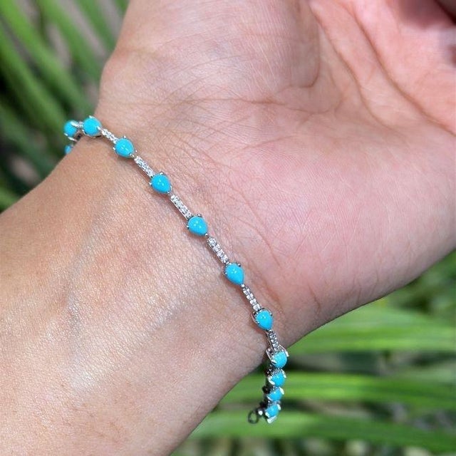 2.34ct Natural Turquoise & Diamond Station Tennis Bracelet in 14k White Gold For Sale In New York - Image 6 of 15