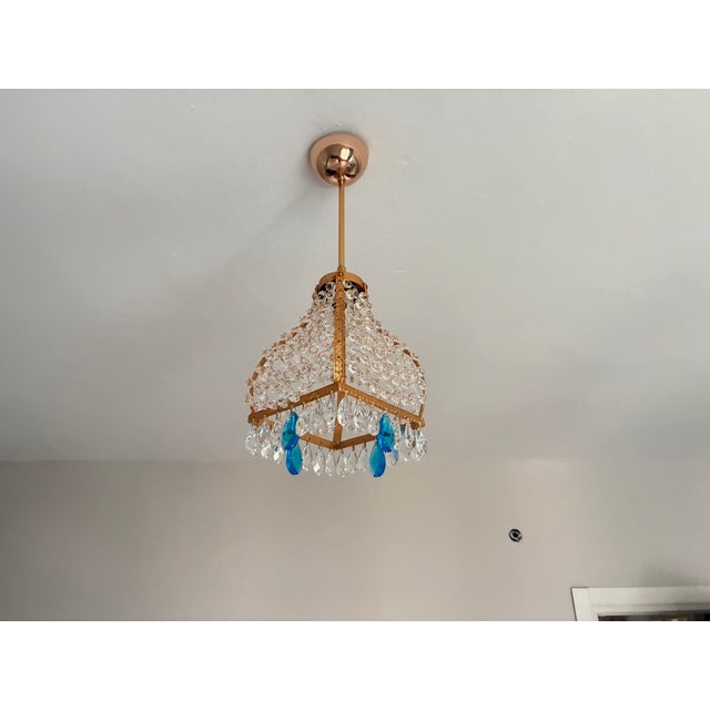 Vintage French Empire Brass & Crystal Pendant Light With Aqua Blue Drops - Pair Restored For Sale - Image 12 of 18