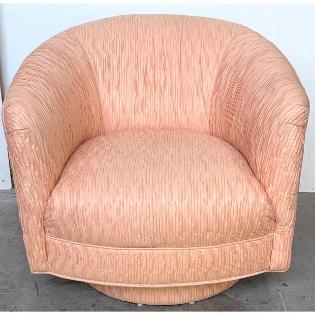Mid-Century Modern Pair of Diminutive 1970s Pink Silk Channel-Quilted Swivel Club Chairs For Sale - Image 3 of 15