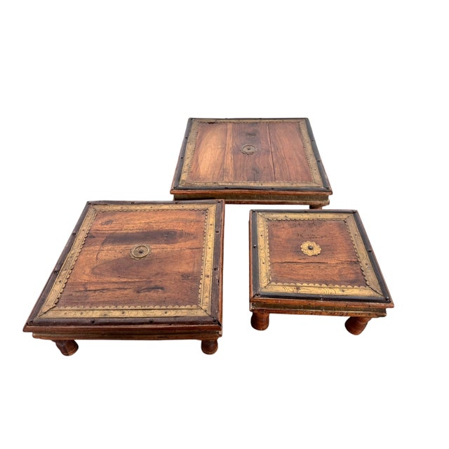 Mid-Century Anglo-Indian Teak & Repoussé Brass Nesting Table Set For Sale - Image 4 of 18