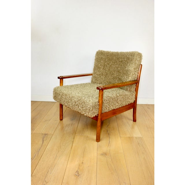 Vintage Wood Lounge Chair with Olive Green Long Pile Upholstery, 1970 For Sale - Image 3 of 13