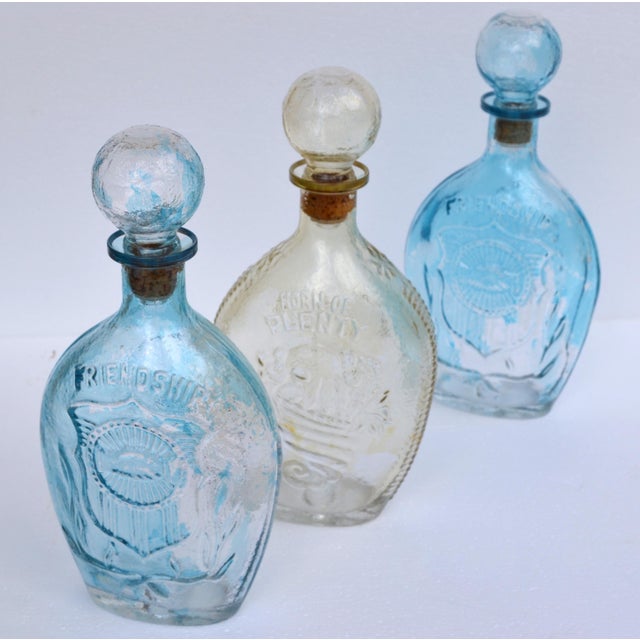 Victorian Mid-20th Century American Blown Glass Flasks Decanter Bottles Friendship Horn of Plenty Blue Amber - Set of 3 For Sale - Image 3 of 18