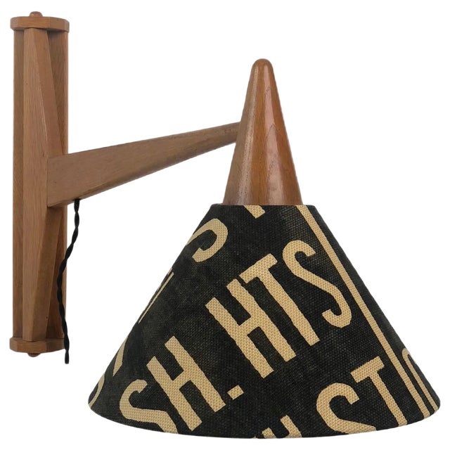 Mid-Century Wooden Wall-Mounted & Rotatable Lamp with Shade in Andrew Martin Linen, 1950s For Sale