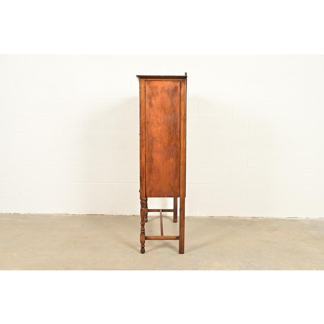 Berkey & Gay Style Antique English Jacobean Carved Walnut and Burl Wood Bookcase or Bar Cabinet, Circa 1920s For Sale - Image 11 of 13