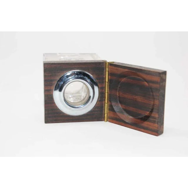 French Macassar inkwell Art Deco ebony Macassar and crystal glass. Macassar ebony cover with a crystal reservoir in Cubist...