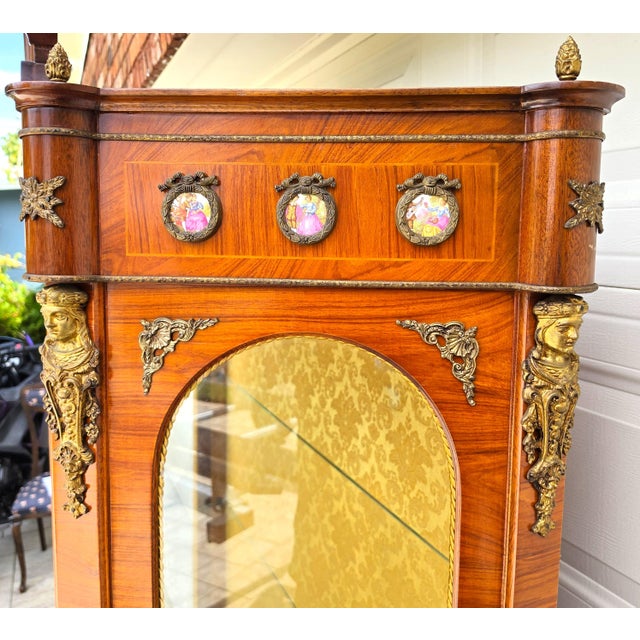 French Louis XV Marquetry Display Cabinet Figural Mounts Porcelain Medallions For Sale - Image 10 of 18