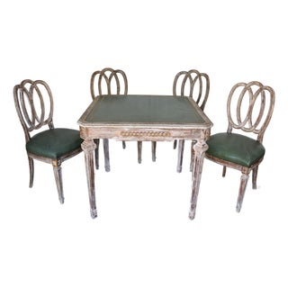 1930s Italian Neoclassical Leather-Top Game Table Set With Four Chairs For Sale