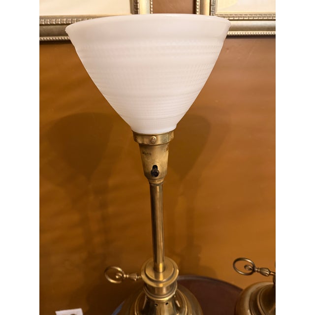 1950s Pair Vintage Stiffel Brass Oil Lamp Style W/ Milk Glass Hollywood Regency Table Lamps W/ Additional Original Shades For Sale - Image 5 of 15