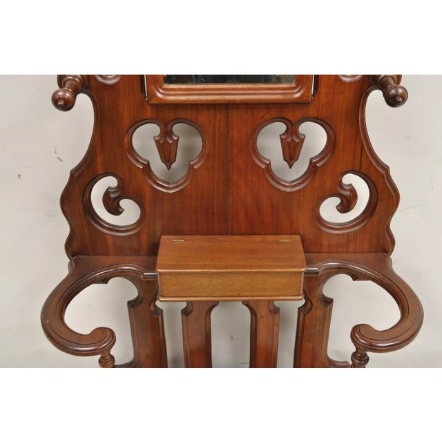 Brown Antique Eastlake Victorian Walnut Coat Hall Tree Umbrella Stand With Mirror For Sale - Image 8 of 12