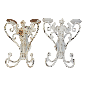 Pair of Vintage Rustic White Shabby Cast Iron Figural Nude/Angel Double Candle Wall Sconces Lights
