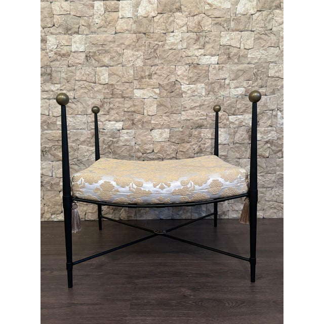 Neoclassical New Black Wrought Iron Curule Bench with Damask Gold & White Fabric For Sale - Image 3 of 18