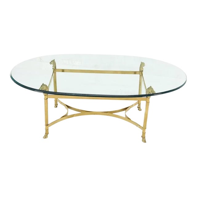 Horse Head Hoof Feet Brass Base Oval Glass Top Italian Coffee Center Table For Sale