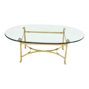 Horse Head Hoof Feet Brass Base Oval Glass Top Italian Coffee Center Table