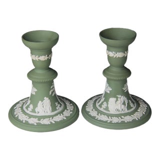 Vintage Wedgwood Green Jasperware White Cameo Candle Candlesticks-Set of 2 For Sale