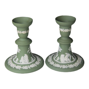 Vintage Wedgwood Green Jasperware White Cameo Candle Candlesticks-Set of 2