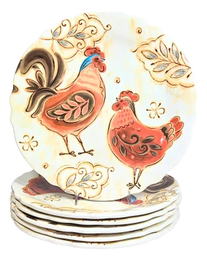 Farmhouse Ironstone Chicken Dinner Plates- Set of Six