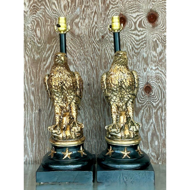 Commanding in presence and patriotic in spirit, this striking pair of Vintage Boho Pieri Tullio Gilt Eagle Lamps brings...