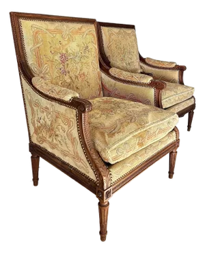 Louis XVI Style Bergere Pair in Needlepoint Fabric