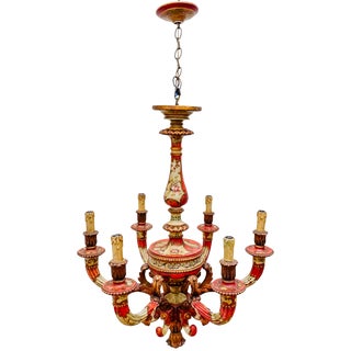 1950s Italian Florentine Rococo Style Polychrome & Giltwood Chandelier For Sale