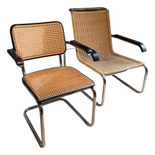 Rattan B35 Cantilever Chair and B64 Viennese Wicker Armchair by Marcel Breuer for Thonet, Set of 2 For Sale
