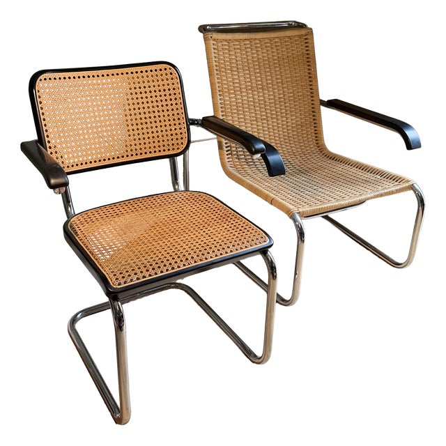Rattan B35 Cantilever Chair and B64 Viennese Wicker Armchair by Marcel Breuer for Thonet, Set of 2 For Sale