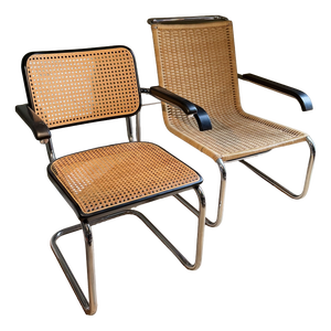 Rattan B35 Cantilever Chair and B64 Viennese Wicker Armchair by Marcel Breuer for Thonet, Set of 2