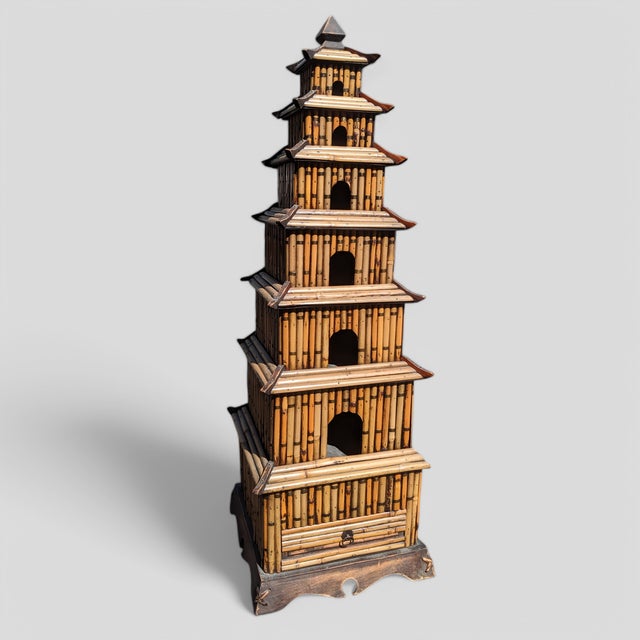 Chinoiserie Vintage Chinoiserie Rattan Split Reed Bamboo Pagoda Bird House For Sale - Image 3 of 8
