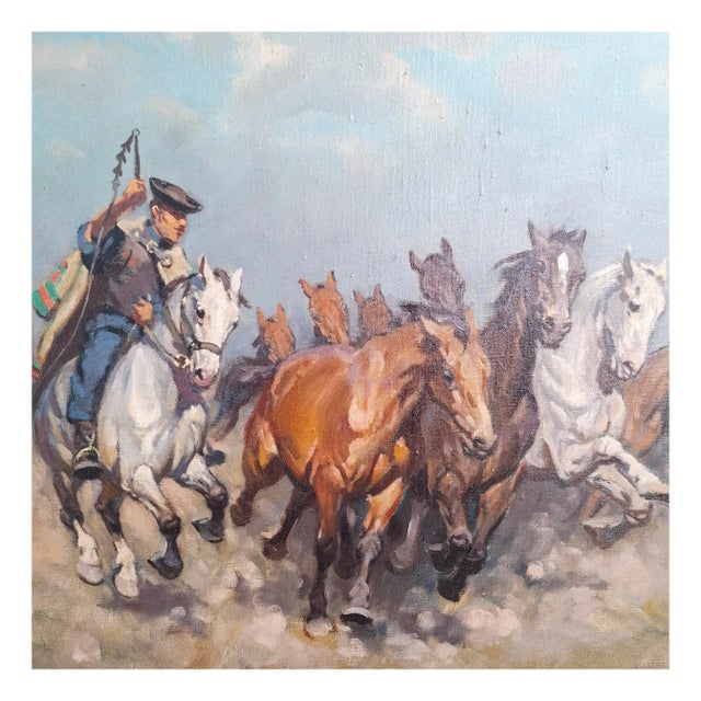 Janos Viski, Horse Driver in the Puszta, 1950s, Oil on Canvas For Sale - Image 3 of 13