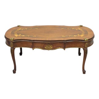 Antique French Louis XV Style Floral Inlay Walnut Coffee Table With Drawer For Sale