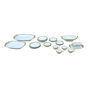 1970s Collection of Ceramic French Plates and Serving Dishes With Floral Details- Set of 28